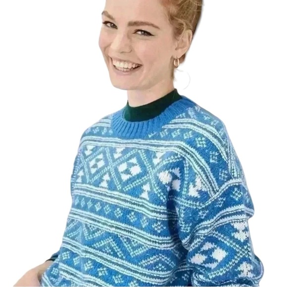 AMERICAN EAGLE Fair Isle Snowdrift Pullover Sweater  in Blue/Shite Size XL - Picture 2 of 6